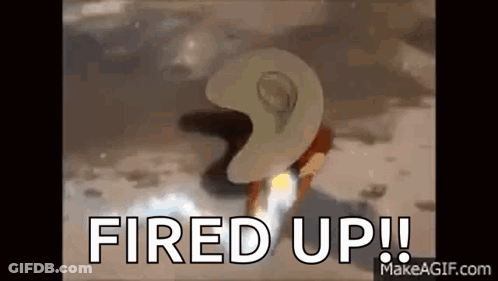 A Cartoon Character Is Flying Through The Air With The Words Fired Up . GIF