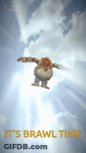 A Cartoon Character Is Flying Through The Air With The Words " It 'S Brawl Time " Above Him GIF