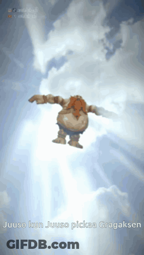 A Cartoon Character Is Flying Through The Air With The Words Juuso Kun Juuso Pickaa Gragaksen Below Him GIF