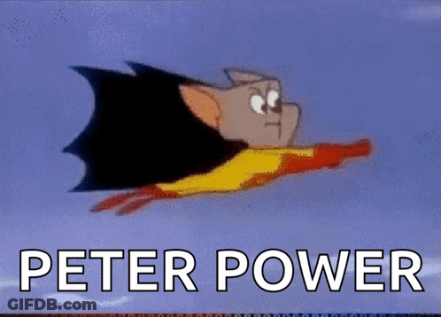 A Cartoon Character Is Flying Through The Air With The Words Peter Power Above Him GIF