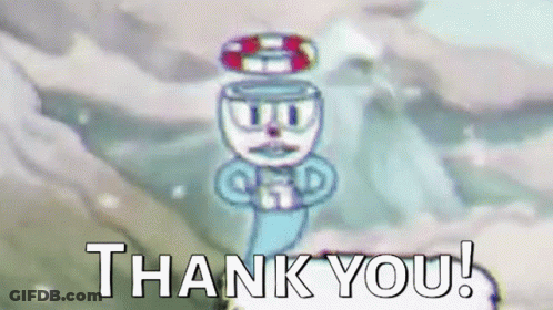 A Cartoon Character Is Flying Through The Air With The Words `` Thank You '' Written Below Him . GIF