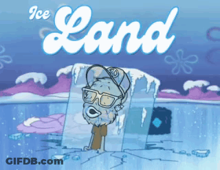 A Cartoon Character Is Frozen In Ice And The Words Ice Land Are Above Him GIF