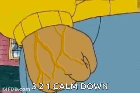 A Cartoon Character Is Giving A Fist Bump With The Words `` Calm Down '' Written On It . GIF