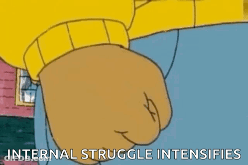 A Cartoon Character Is Giving A Fist Bump With The Words `` Internal Struggle Intensifies '' Written Below Him . GIF