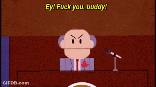 A Cartoon Character Is Giving A Speech And Says " Ey ! Fuck You Buddy " GIF