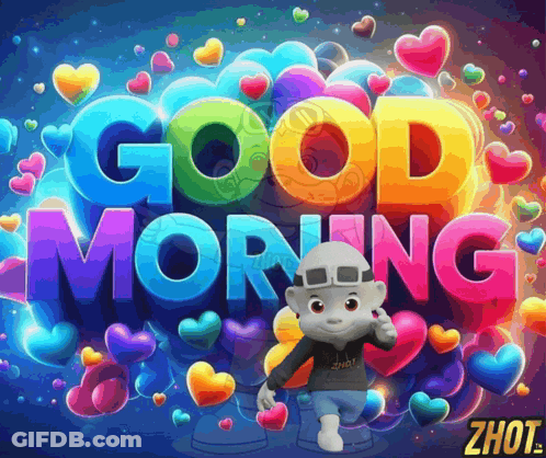 A Cartoon Character Is Giving A Thumbs Up In Front Of A Colorful Good Morning Sign GIF