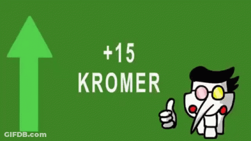 A Cartoon Character Is Giving A Thumbs Up On A Green And Red Box That Says Kromer . GIF