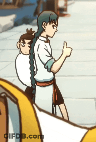 A Cartoon Character Is Giving A Thumbs Up While Carrying Another Character On His Back GIF