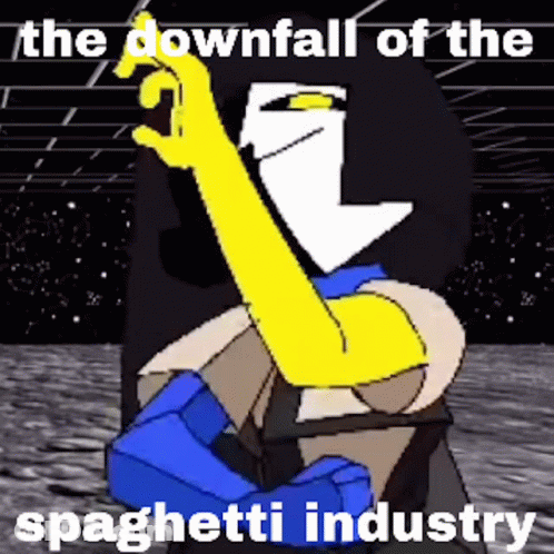 A Cartoon Character Is Giving A Thumbs Up With The Words `` The Downfall Of The Spaghetti Industry '' . GIF