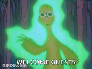 A Cartoon Character Is Glowing In The Dark With The Words Welcome Guests Behind Him GIF
