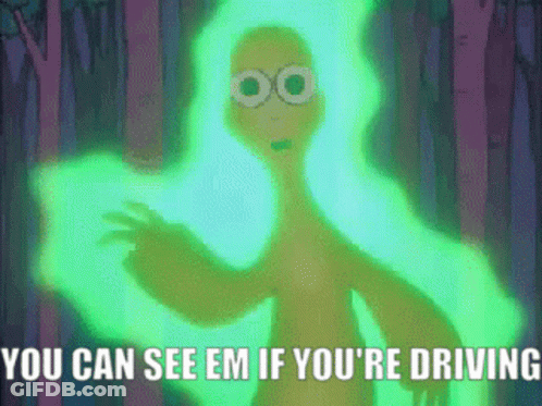A Cartoon Character Is Glowing In The Dark With The Words You Can See Em If You 'Re Driving GIF