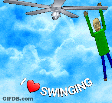 A Cartoon Character Is Hanging From A Ceiling Fan With The Words I Love Swinging Below Him GIF