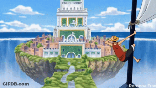 A Cartoon Character Is Hanging From A Pole In Front Of A Building That Says " Enies Lobby " GIF