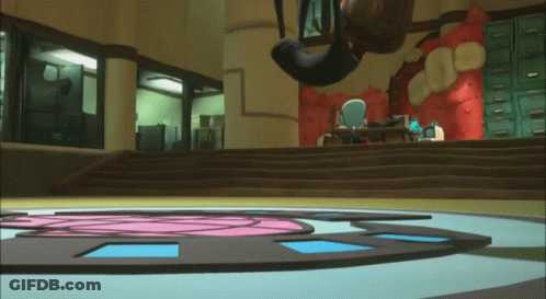 A Cartoon Character Is Hanging From A Rope In A Hallway GIF