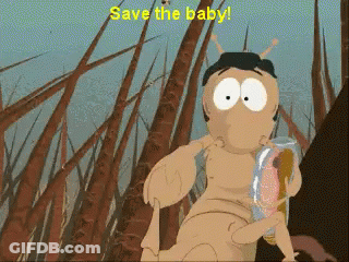 A Cartoon Character Is Holding A Baby And The Words Save The Baby Are Above Him GIF