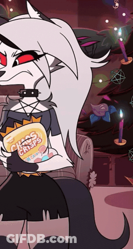 A Cartoon Character Is Holding A Bag Of Chaos Crisps In Front Of A Christmas Tree GIF