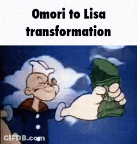 A Cartoon Character Is Holding A Bag Of Money In His Hand And Says `` Omori To Lisa Transformation '' . GIF
