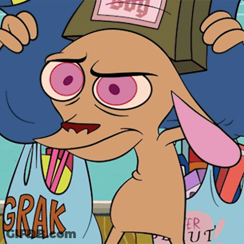 A Cartoon Character Is Holding A Bag That Says " Grak " GIF