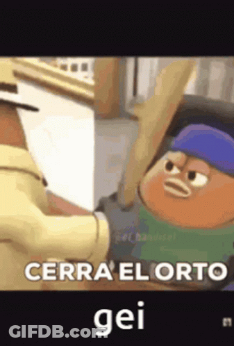 A Cartoon Character Is Holding A Baseball Bat And Says `` Cerra El Orto , Gei '' . GIF