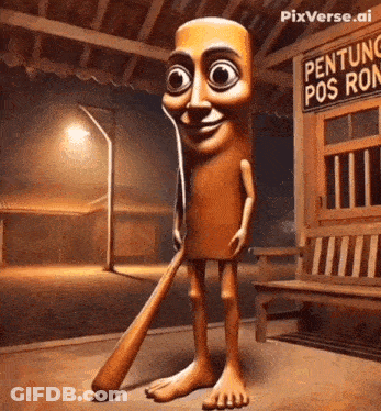 Cartoon Character Holding Baseball Bat Pintu Posi Ron Sign GIF