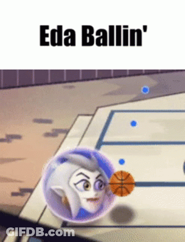 A Cartoon Character Is Holding A Basketball On A Basketball Court With The Words Eda Ballin ' On The Bottom GIF