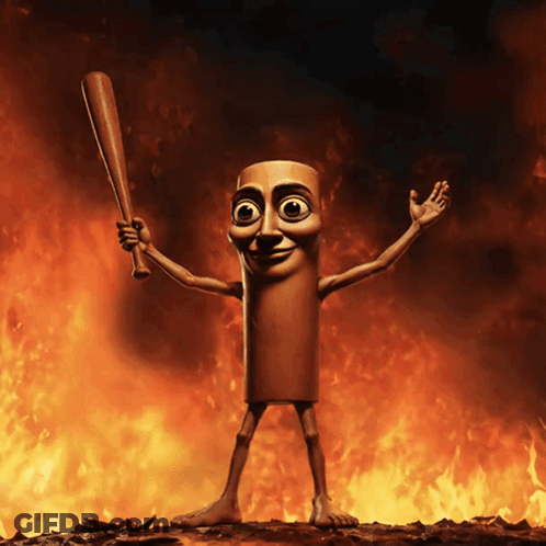 A Cartoon Character Is Holding A Bat In Front Of A Fire GIF