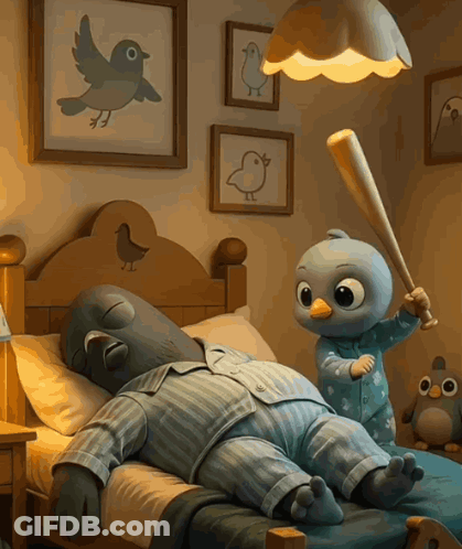 A Cartoon Character Is Holding A Bat Next To A Sleeping Character GIF