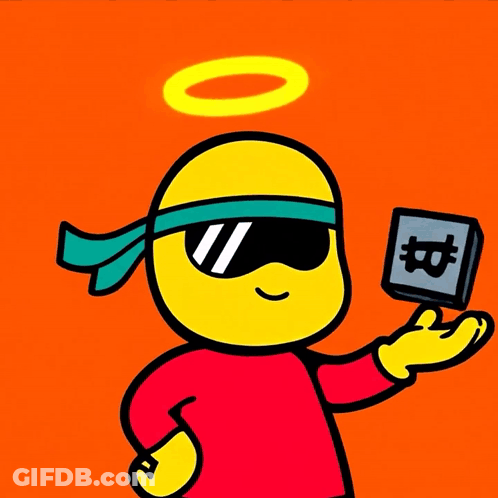A Cartoon Character Is Holding A Block With A Bitcoin Symbol On It GIF