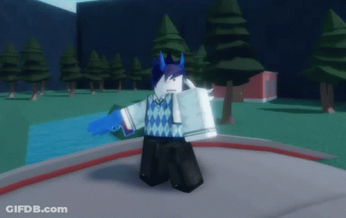 A Cartoon Character Is Holding A Blue Gun In Front Of A River GIF