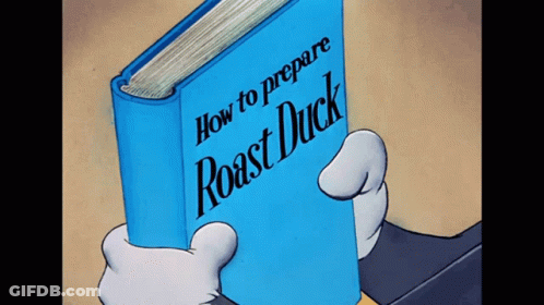 A Cartoon Character Is Holding A Book About How To Prepare Roast Duck GIF
