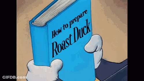 A Cartoon Character Is Holding A Book Titled How To Prepare Roast Duck GIF