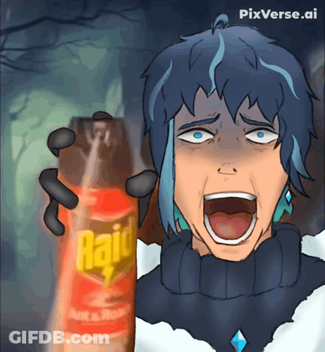 A Cartoon Character Is Holding A Bottle Of Raid Insect Killer GIF
