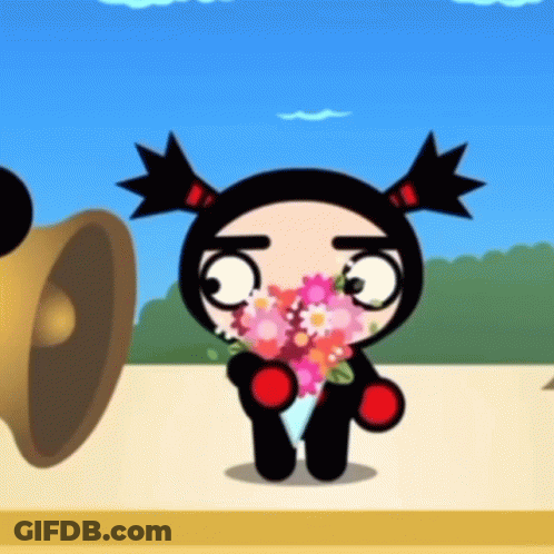 A Cartoon Character Is Holding A Bouquet Of Pink Flowers GIF