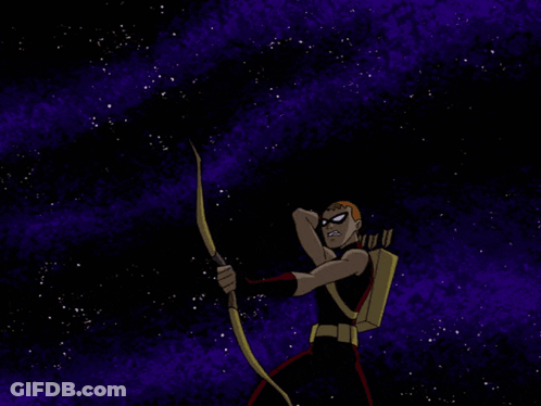 A Cartoon Character Is Holding A Bow And Arrow In The Dark GIF