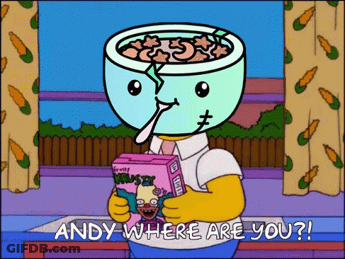 A Cartoon Character Is Holding A Box Of Krusty Krab Cereal And Says Andy Where Are You GIF
