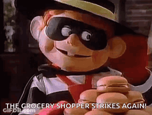 A Cartoon Character Is Holding A Bunch Of Hamburgers And Says `` The Grocery Shopper Strikes Again '' . GIF