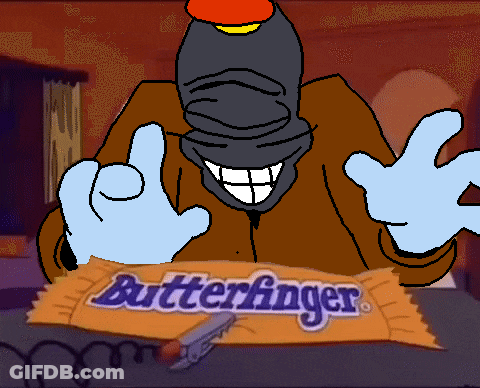 A Cartoon Character Is Holding A Butterfinger Bar GIF