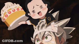 A Cartoon Character Is Holding A Cake And Another Character Is On His Head GIF