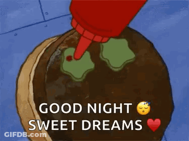A Cartoon Character Is Holding A Cake With Smiley Faces On It And Says Good Night Sweet Dreams GIF