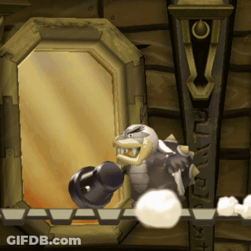 A Cartoon Character Is Holding A Cannon In Front Of A Mirror With The Letter O On It GIF