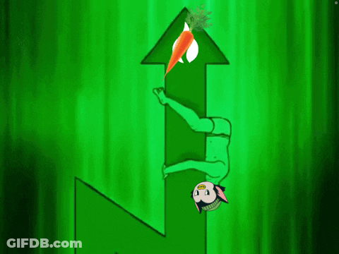 A Cartoon Character Is Holding A Carrot In Front Of A Green Arrow Pointing Up . GIF