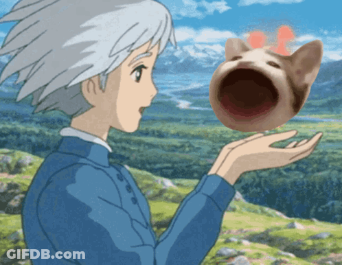 A Cartoon Character Is Holding A Cat With A Mouth Open GIF