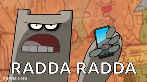 A Cartoon Character Is Holding A Cell Phone With The Words Radda Radda Written Below It GIF