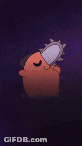 A Cartoon Character Is Holding A Chainsaw In A Dark Room GIF