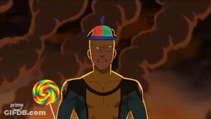 A Cartoon Character Is Holding A Colorful Lollipop And Wearing A Colorful Hat . GIF