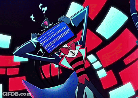 A Cartoon Character Is Holding A Computer Screen With A Blue Error Message On It . GIF