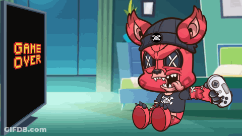 A Cartoon Character Is Holding A Controller In Front Of A Game Over Screen GIF