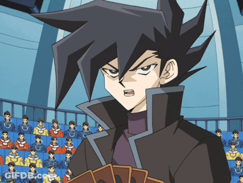 A Cartoon Character Is Holding A Deck Of Cards In Front Of A Crowd Of People GIF