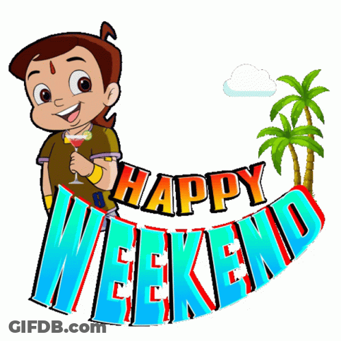 A Cartoon Character Is Holding A Drink In Front Of The Words Happy Weekend GIF