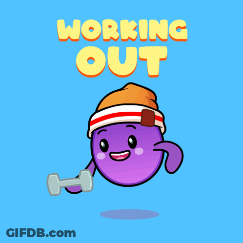 A Cartoon Character Is Holding A Dumbbell In Front Of A Blue Background That Says Working Out GIF